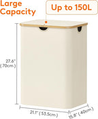 Lifewit 150L Laundry Basket with Lid, Clothes Hampers for Laundry with Bamboo Handles and 2 Removable Bag, Large Foldable Lau