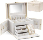 Vlando Jewelry Box Organizer for Girls Women, Large Jewelry Holder Organizer with Mirror, 3 Drawers for Bracelets, Earrings, 