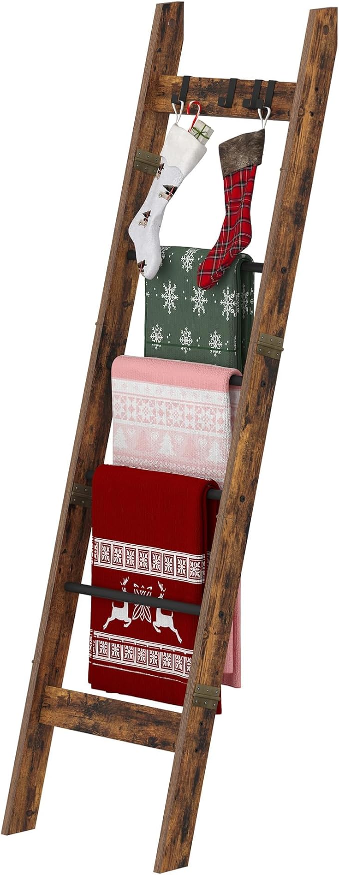 Hzuaneri Blanket Ladder for Living Room, Decorative Quilt Rack with 4 Removable Hooks, 5-Tier Farmhouse Ladder Holder Shelf O