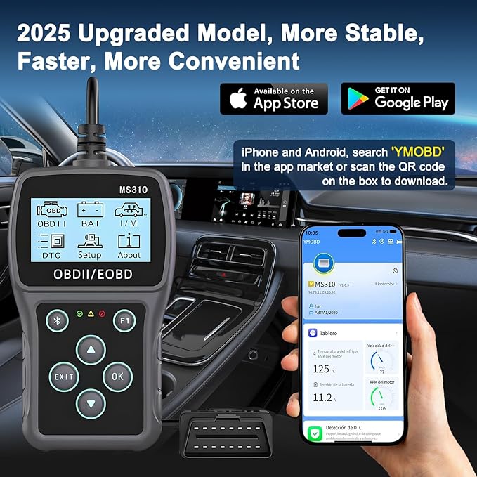 Bluetooth OBD2 Scanner Diagnostic Tool with Battery Tester: Check Engine Code Reader - Plug & Play with Live Data and Trip