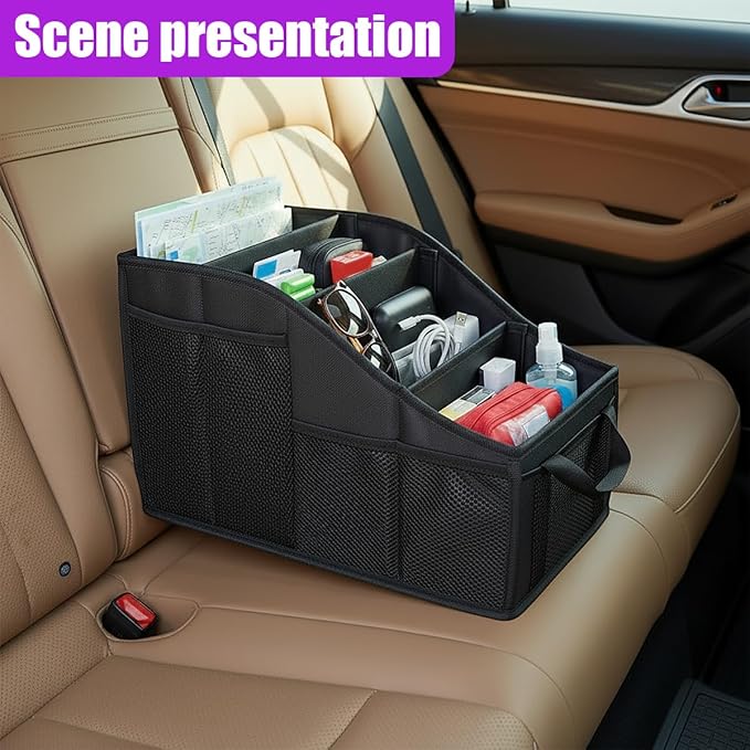 Car Seat Organizer, Collapsible Passenger Seat Organizer with 4 Compartments & 7 Mesh Pockets, Auto Front/back Seats Storage Box, Vehicle Travel Organize Accessory for Kids, Adults (Black)
