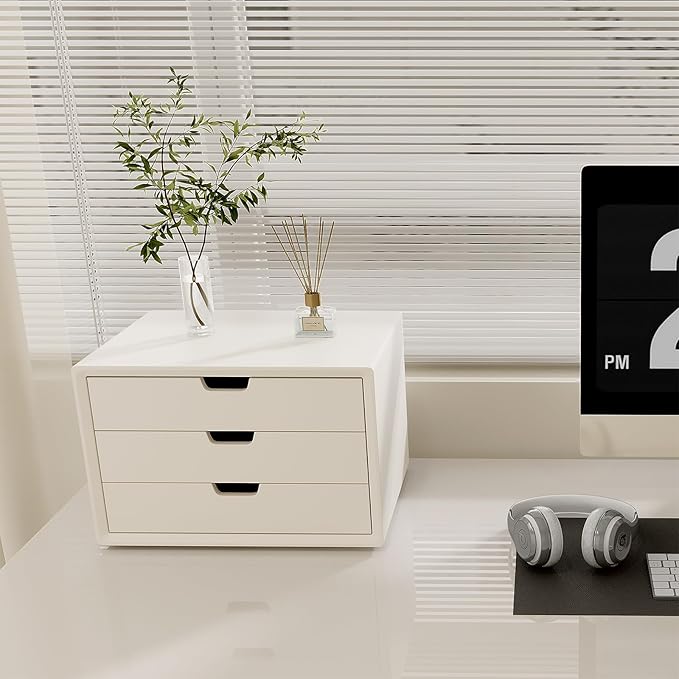 Desk Organizer with 3 Drawers, ALEX Drawer Unit, Chic White Wood Cosmetic Makeup Organizer for Office Vanity Tabletop Storage