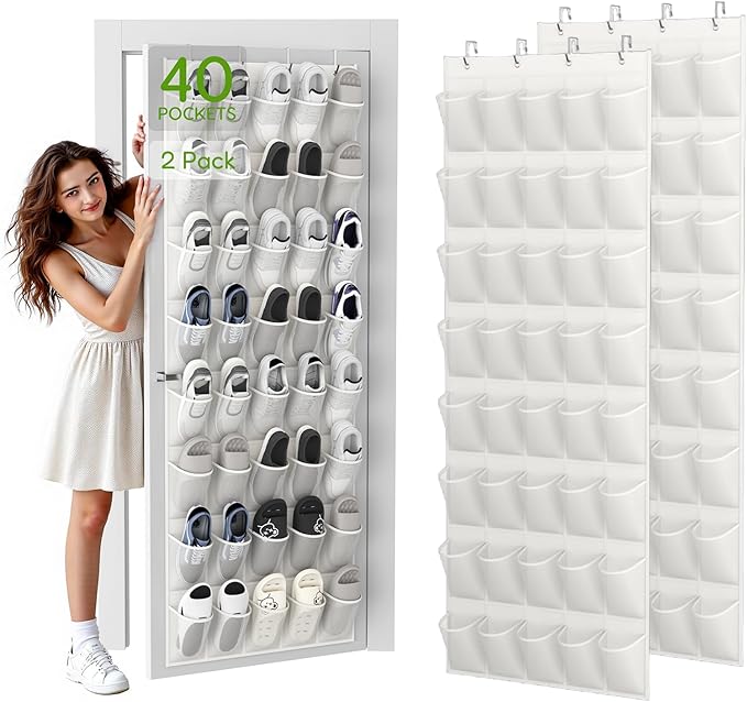 Unjumbly Over the Door Shoe Organizer with 40 Large Breathable Mesh Pockets, Space Saving Shoe Holder, Hanging Shoe Rack for 