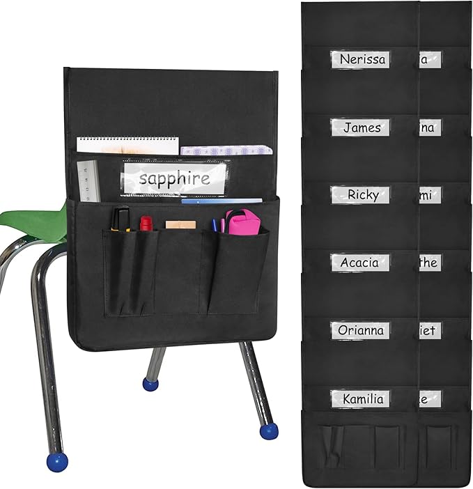 Chair Pockets for Classroom 12 Pack 15 x 19 Inch Chairback Buddy Pocket Chart Seat Back Organizer Student Storage with Lable Slot for Classroom Kindergarten School Home (Black)