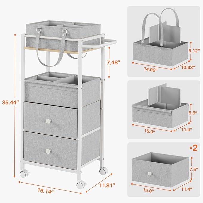 Modanais Baby Diaper Caddy Organizer Cart with Drawers - 3In1 Rolling Storage Cart with Wheels, Removable Diaper Caddy, Detac