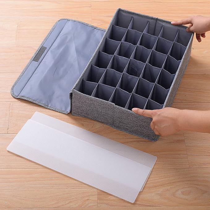 MURRI&MURRDI 2 Packs Sock and Underwear Storage Closet Organizer with Lids, 30 Cells Foldable Drawer Divider, Linen Cotton St