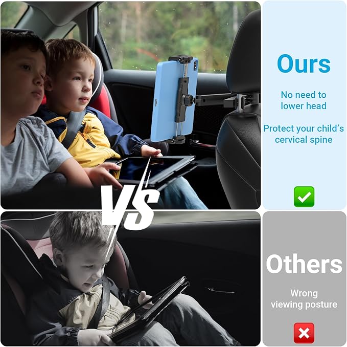 Car Seat Headrest Tablet Holder, [Mobile Folding Arm] Back Seat Tablet Mount for Road Trip, Fit Thickness Case (Deep Max 1.18'') for iPad Pro 12.9/ Air/Mini, Galaxy Tab, All 6.1-15.6" Devices