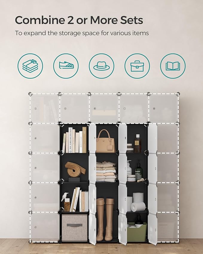 SONGMICS Cube Storage Organizer, Set of 16 Plastic Cubes, Closet Storage Shelves, DIY Plastic Closet Cabinet, Modular Bookcas