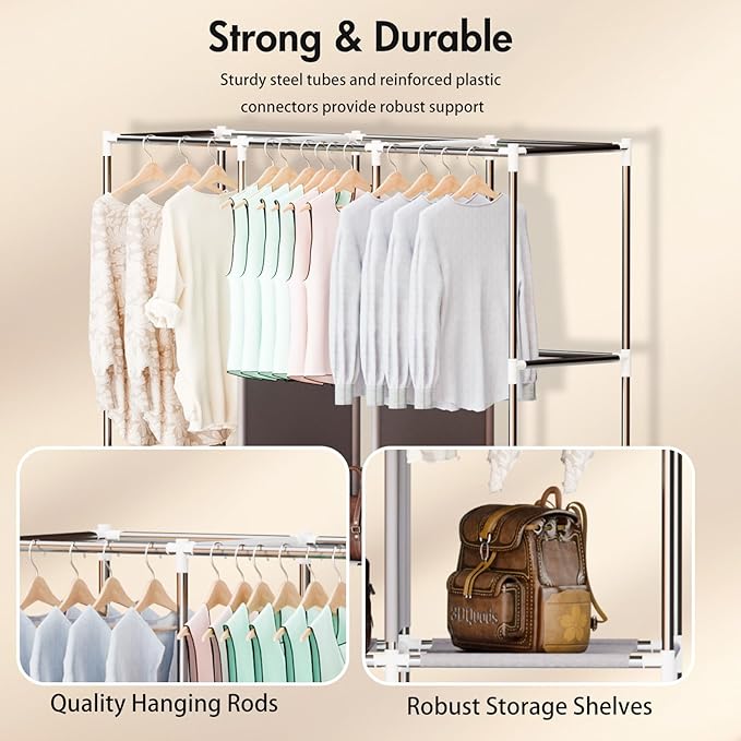 ALSO GO Portable Closet, Storage Organizer Wardrobe with Non-Woven Fabric Cover, with 3 Hanging Rods, 6 Storage Shelves and S