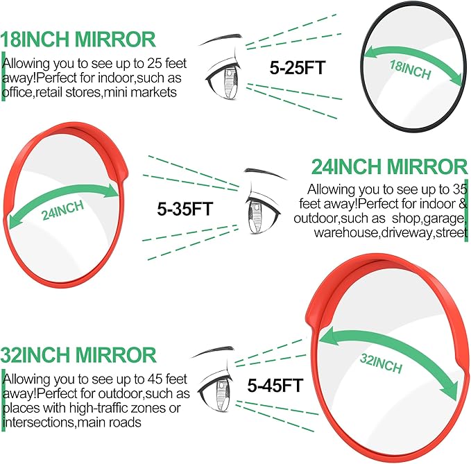 RELIANCER 18" Convex Security Mirror Curved Safety Mirror Adjustable Traffic Road Mirror Safety Corner Mirror Blind Spot Mirror Parking Mirror For Garage Surveillance Mirror Indoor Outdoor Shop Office