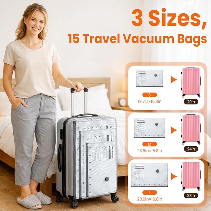 Vacuum Storage Bags for Travel, 15 Pack Vacuum Seal Bags for Clothing With Cordless Electric Pump, Space Saver Bags for Lugga