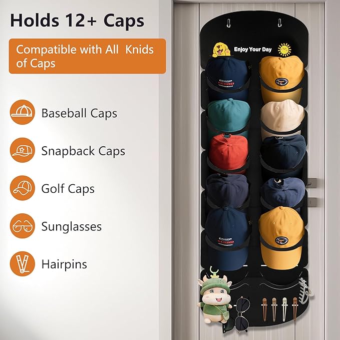 Hat Organizer for Baseball Caps, Over The Door Cap Organizer Cap Hat Holder with 12 Deep Clear Pockets, Hat Storage to Protec