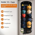 Hat Organizer for Baseball Caps, Over The Door Cap Organizer Cap Hat Holder with 12 Deep Clear Pockets, Hat Storage to Protec