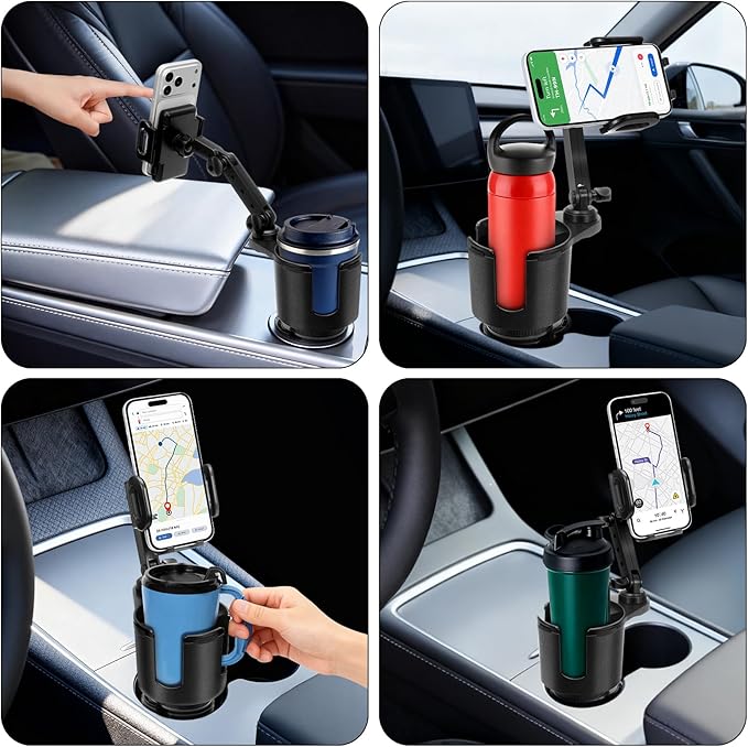 Cup Holder Phone Mount for Car, 2-in-1 Cup Holder Expander with Phone Mount, Universal Adjustable Phone Holder Mount, Long Arm & 360° Rotation for All Smartphones