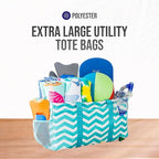 Extra Large Utility Tote Bag - Oversized Collapsible Reusable Wire Frame Rectangular Canvas Basket With Two Exterior Pockets For Beach, Pool, Laundry, Car Trunk, Storage - Chevron Teal