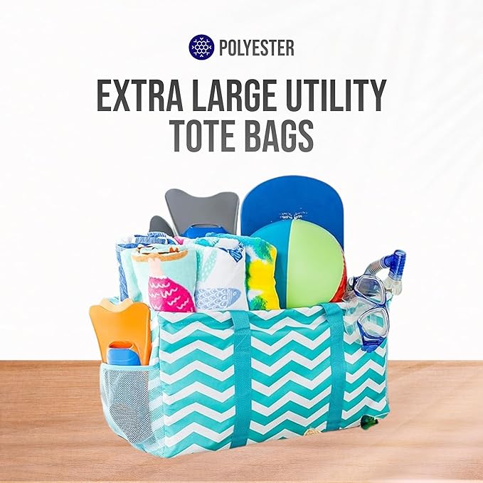 Extra Large Utility Tote Bag - Oversized Collapsible Reusable Wire Frame Rectangular Canvas Basket With Two Exterior Pockets For Beach, Pool, Laundry, Car Trunk, Storage - Chevron Teal