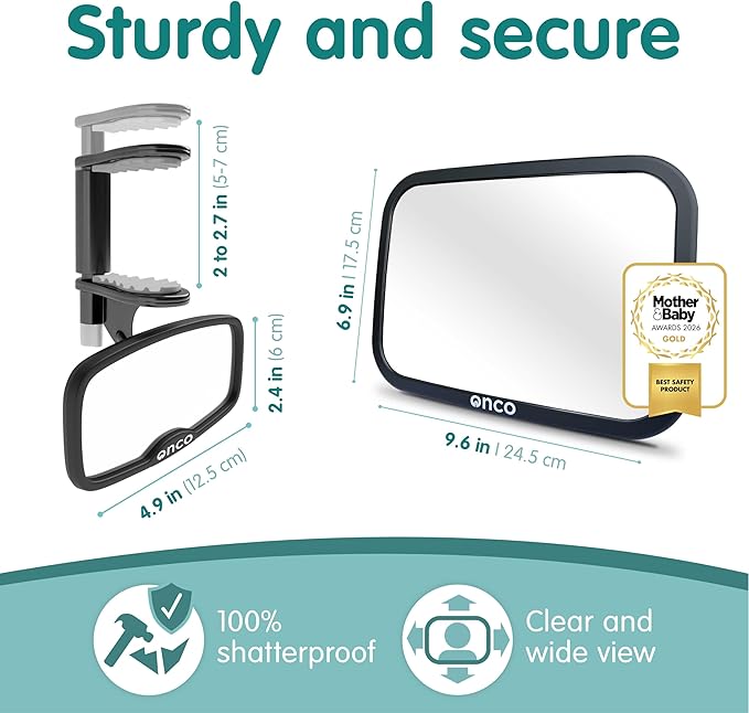 Onco Baby Car Mirror Bundle – Rear & Forward Facing Mirrors, Double Award-Winning, 100% Shatterproof & Shakeproof, 360° Rotation, Wide Convex View, Newborn Essentials