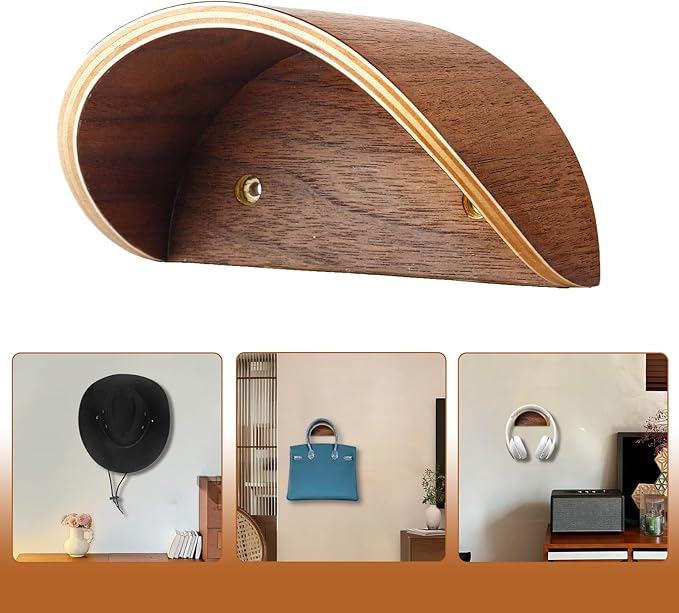 Cowboy Hat Rack for Wall,2 Pack Wooden Hat Holder,with Satin Finish Hat Hooks,Non-Damage Brim Design Can Keeps Original Shape
