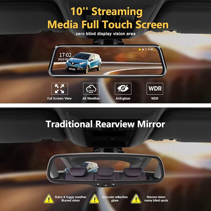 10'' Mirror Dash Cam Night Vision 1080P FHD Full Touch Screen Front and Rear View Backup Camera for Cars Loop Recording Strea