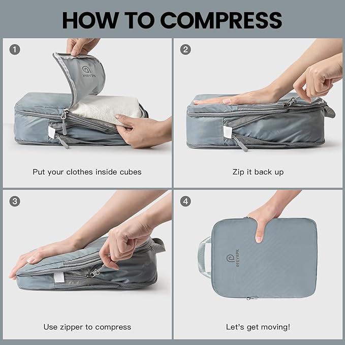 PFEYRPK Lightweight Compression Packing Cubes for Suitcases, Compressible Expandable Travel Packing Organizer with Clear Toil