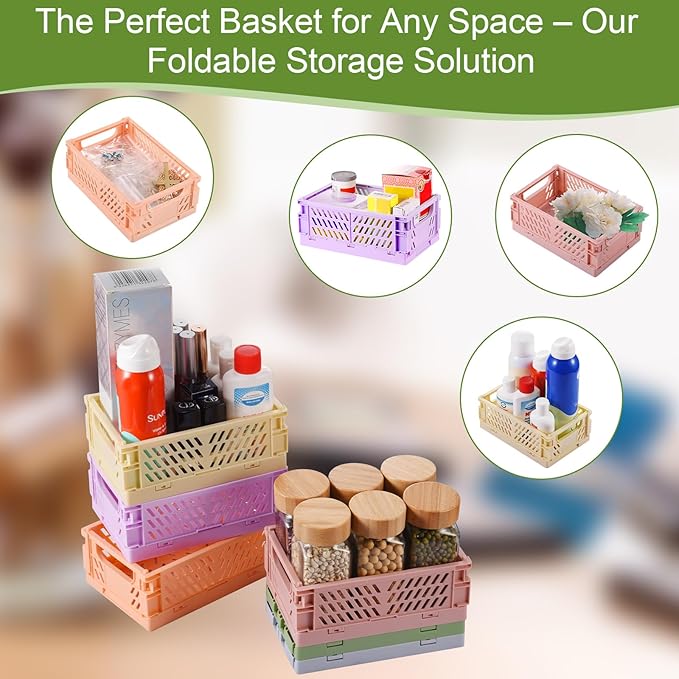 HUUSMOT 2-Pack Small Pastel Plastic Storage Baskets, Collapsible Crates for Organizing, Space-Saving Mini Bins for Classroom,