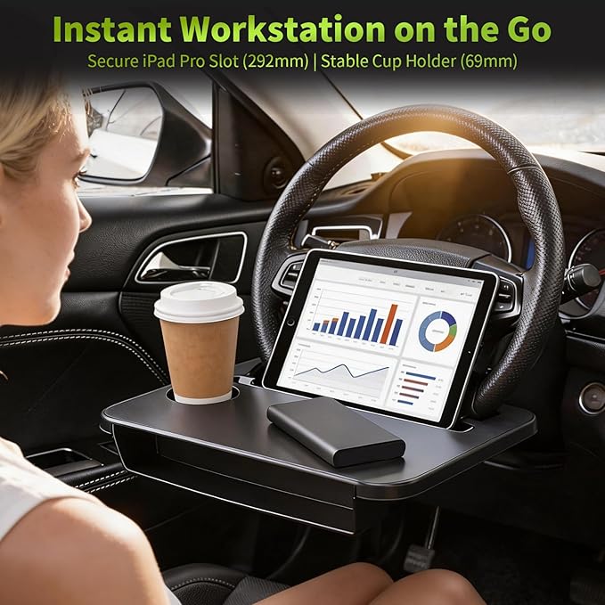 2-in-1 Steering Wheel Desk & Seat Gap Organizer, Portable Steering Wheel Tray with Cup Holder & Pad Slot, Car Food Table for Laptop Eating Working, Multipurpose Road Trip Accessories