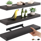 Ballucci Floating Shelves for Wall, 24" Wood Wall Mount Shelf Set of 3, Invisible Brackets Floating Shelf for Decor Living Ro