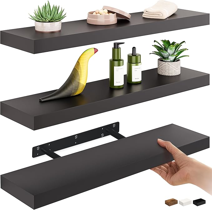 Ballucci Floating Shelves for Wall, 24" Wood Wall Mount Shelf Set of 3, Invisible Brackets Floating Shelf for Decor Living Ro