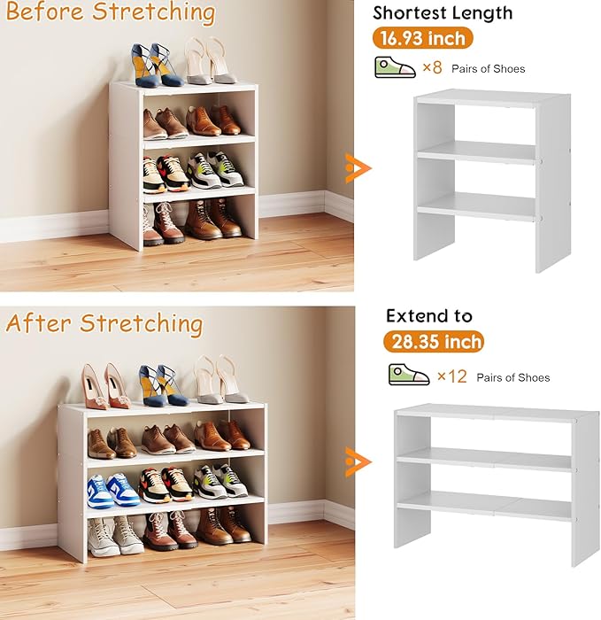3-Tier Expandable White Shoe Rack Organizer for Closet, Stackable Shoe Racks Storage Shelf, Small Metal Wood Combination Shoe