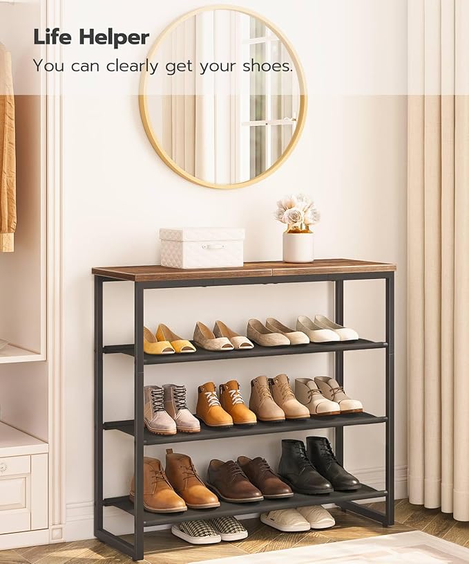 HOOBRO Shoe Rack, 4 Tier Shoe Storage Organizer with 3 Oxford Fabric Shelves and Top Panel, Holds 12-16 Pairs of Shoes for En