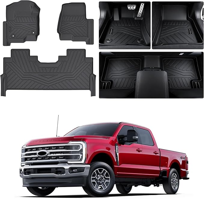 Heavy-Duty TPE Floor Mats for 2017-2026 Ford F-250/F-350/F-450/F-550 Crew Cab, 1st & 2nd Row Custom Fit (Fits Bucket Seats/Factory Rear Storage Box) 4 Door Ford Accessorie
