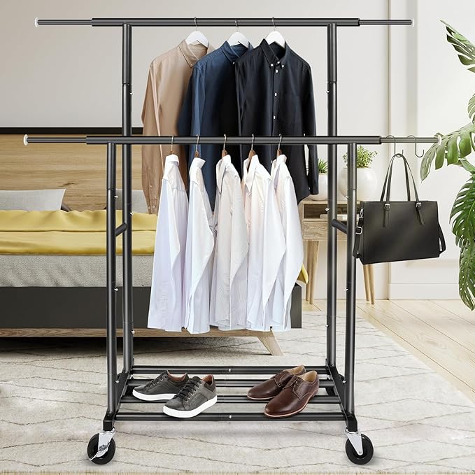 Fishat Stand Portable Black Double Rods Garment Clothes Rack with Rolling and Lockable Wheels Mobile, 48" W x 15" D x 67" H, 