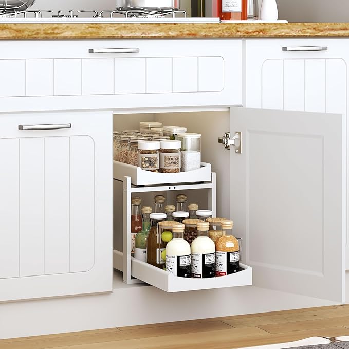 Bamboo Under Sink Organizer and Storage, 2 Pack Pull Out Cabinet Organization, 2 Tier Vertical Slide Out Undersink Storage Sh