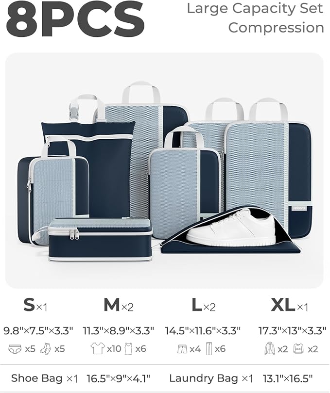 Percover Compression Packing Cubes 8-Piece Set, Packing Cubes Compression for Travel with Laundry Bag & Shoe Bag, Travel Orga