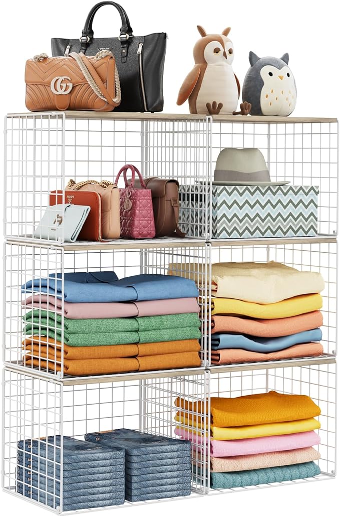 6 Pack Closet Organizers And Storage, Stackable Closet Shelf Organizer Storage Bin Basket For Clothes Sweaters With Top Board