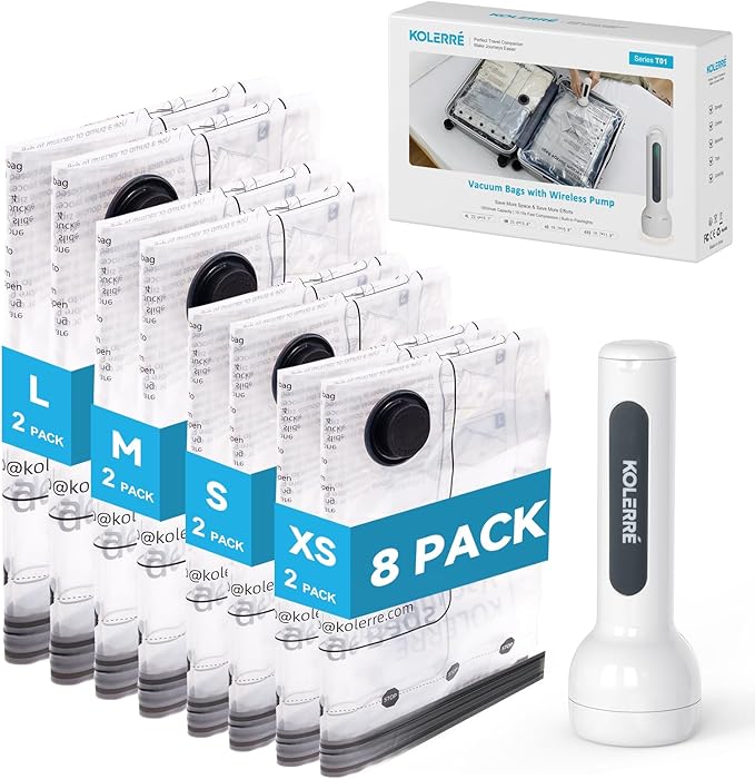 Travel Vacuum Bags with 2026 Lastest Wireless Pump, 8 Pack-4 Sizes Space Saver Vacuum Storage Bags for Luggage and Suitcase, 