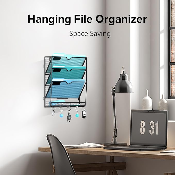 Wall File Organizer - Hanging File Organizer with 5 Hooks, Mail Holder Wall Mounted for Papers, Folders, Magazines, Bills, 4 