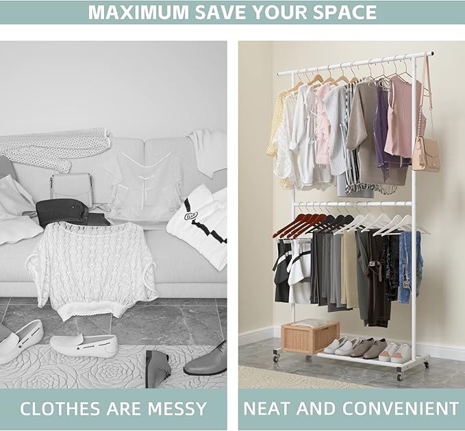 Sywhitta Double Rod Clothing Garment Rack, Rolling Clothes Organizer on Wheels for Hanging Clothes, Easy to Assemble, Adjusta