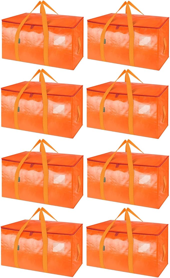 BALEINE 8-Pack Oversized Moving Bags with Reinforced Handles, Heavy-Duty Storage Tote for Clothes, Moving Supplies (Orange, 8