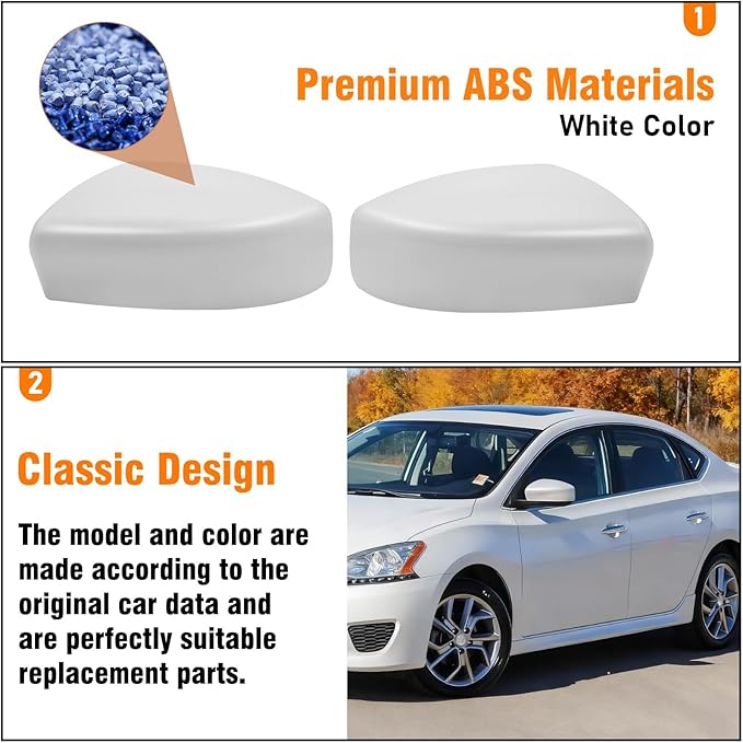 Moonlinks Compatible with Nissan Sentra 2013 2014 2015 2016 2017 2018 2019 Side Mirror Cover Replacement,White Left Driver & Right Passenger Side Door Rearview Side Mirror Cap Trim WITHOUT Turn Signal