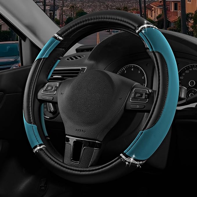 Road Comforts Leather Steering Wheel Cover - Made with PVC Leather - Anti-Slip, Universal Fit 14 1/2 inches to 15 inches - Da