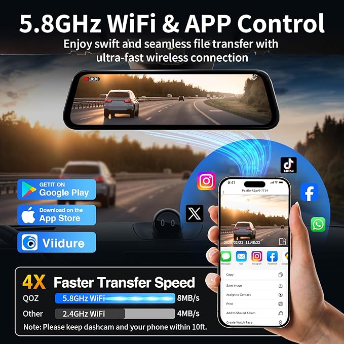 3 Channel Mirror Dash Camera, 4K/3K+2.5K/1080p+1080p Rear View Mirror Camera with GPS, APP Control, WDR Night Vision, G-Senso