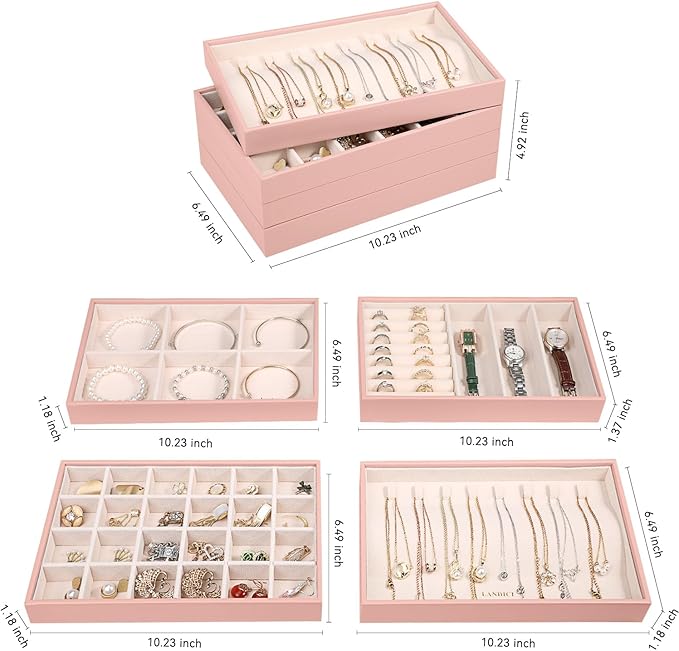 LANDICI Stackable Jewelry Organizer Trays 4 Set,PU Leather Jewelry Organizer Drawer,Jewelry Storage Display Tray for Earring 