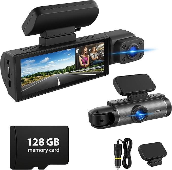 128GB Dash Cam Front and Rear for Cars with Night Vision, 1080P Dual Lens Dash Camera Inside and Outside, 24H Parking Monitor