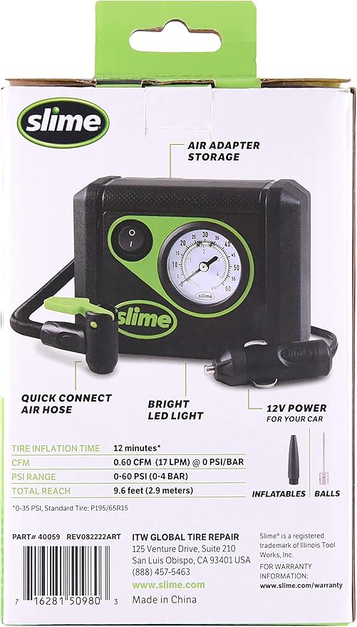 Slime 40059 Tire Inflator, Junior, Compact, Powerful, Portable Car Air Compressor, Lightweight, Analog, Flat Tire Repair, 12V, 12 min Inflation