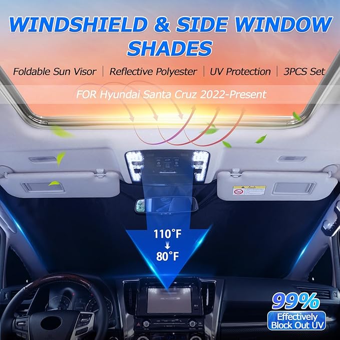Karltys 3PCS Windshield Sun Shade for 2022-2025 Hyundai Santa Cruz, 210T Thickened Front and Side Window Sunshade Cover Custom Fit Santa Cruz, Foldable Sun Visor UV Blocker Keeps Your Car Cool