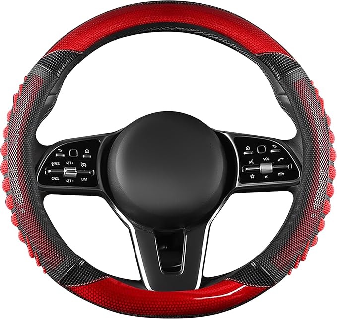 5D Honeycomb Black Red Car Steering Wheel Cover,14.5-15 Inch Universal Carbon Fibre Leather Covers Breathable Anti-Slip Odorl
