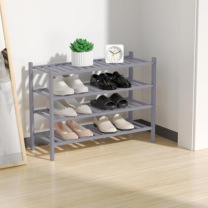 RONGJlA 4 Tier Bamboo Shoe Rack for Closet Free Standing Wood Shoe Shelf Storage Organizer for Entryway Small Space Stackable