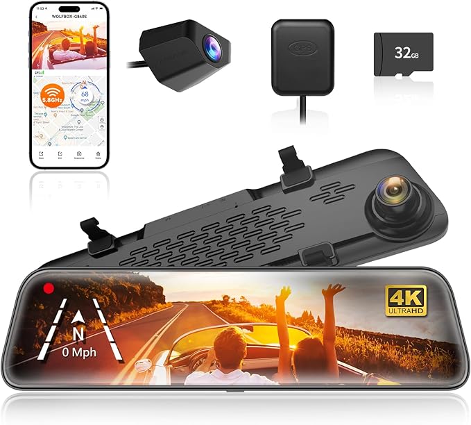 WOLFBOX G840S 12" 4K Mirror Dash Cam Backup Camera, 5.8GHz WiFi Smart Rearview Mirror for Cars & Trucks, Front and Rear View 