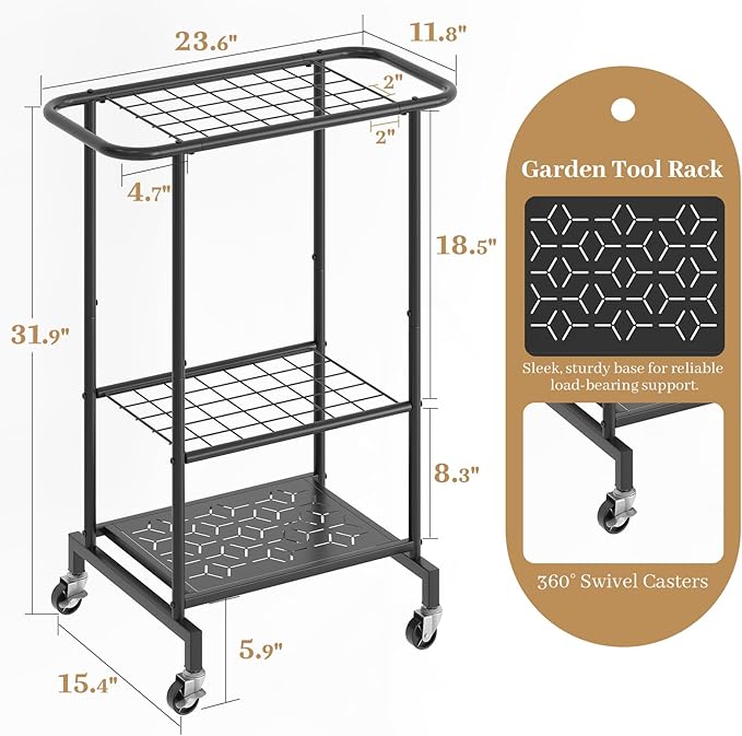 Garden Tool Organizer with Wheels, Heavy Duty Metal Garage Tool Storage Rack, Yard Tool Holder for Long-Handled Tools, Rakes 